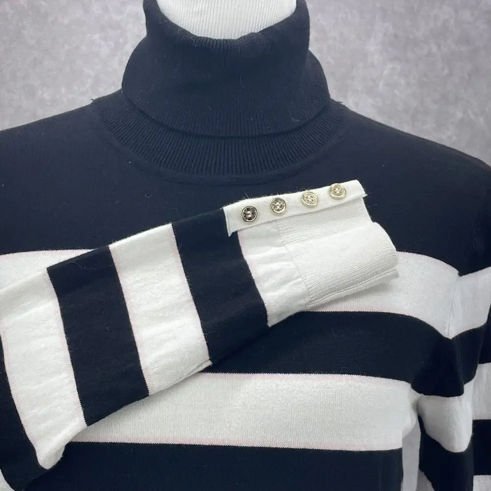 Tommy Hilfiger Women M Stripe Turtleneck Sweater Black White Classic READ Preppy